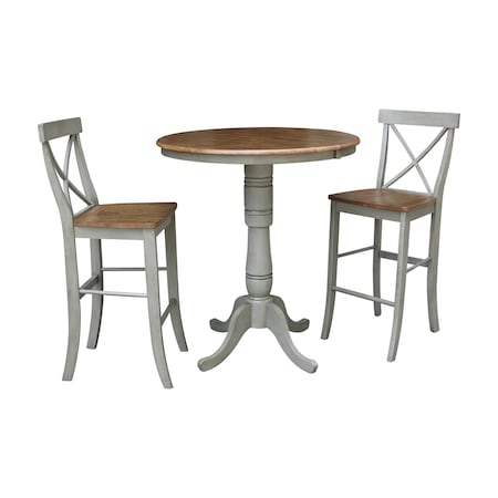 International Concepts Round 36 in Rd Extension Dining Table, 2 X-Back Bar Height Stools, Hickory/Stone, 36 W, 48 L, Wood K41-36RXT-6B-S6133-2